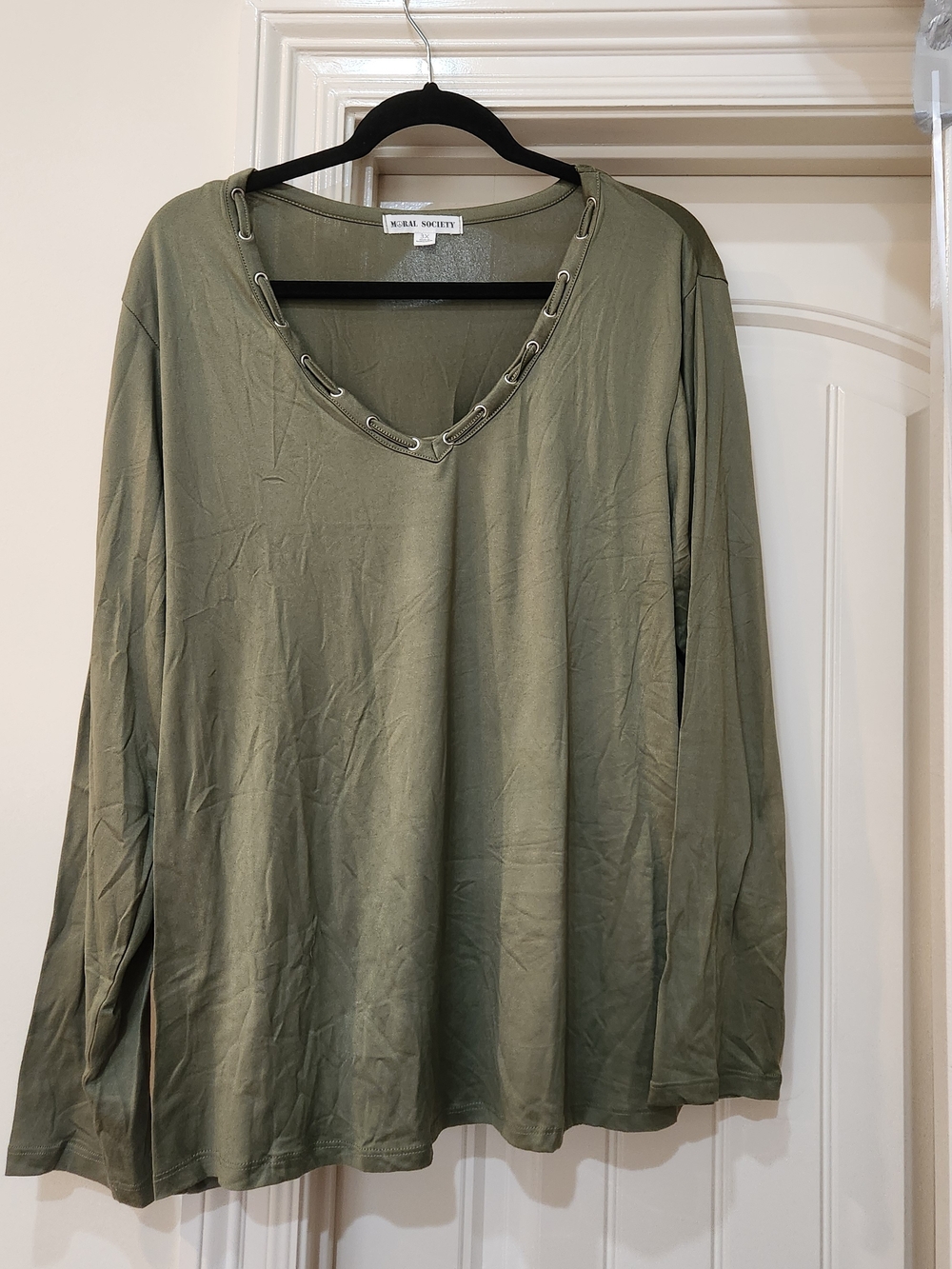Society Olive Green V-Neck Long Sleeve Top with Grommet Detail